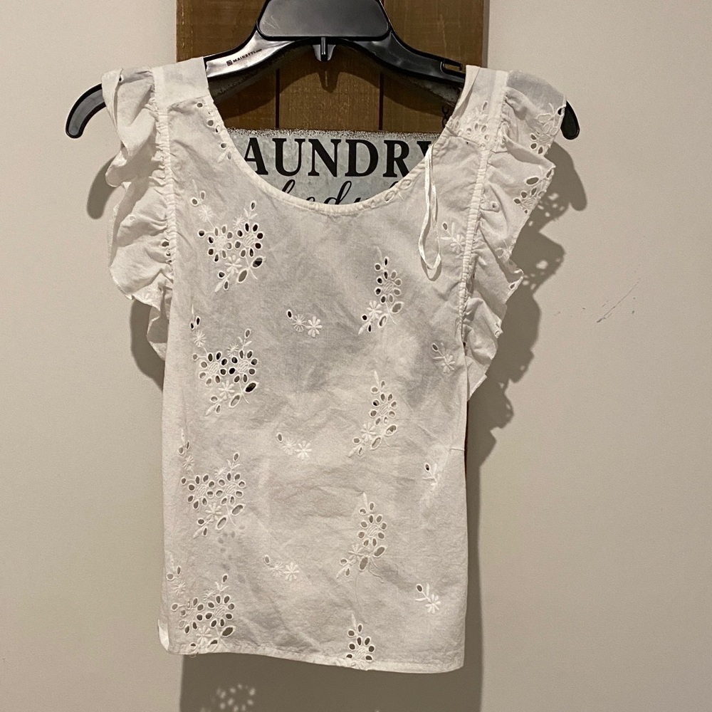 Zara White Eyelet Blouse with Ruffle Sleeves